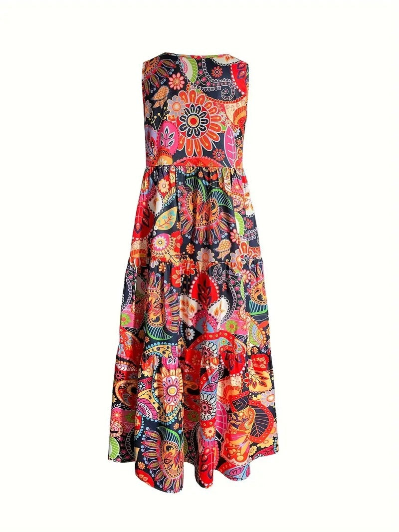 Women's Casual Floral V-neck Vest Large Hem Dress