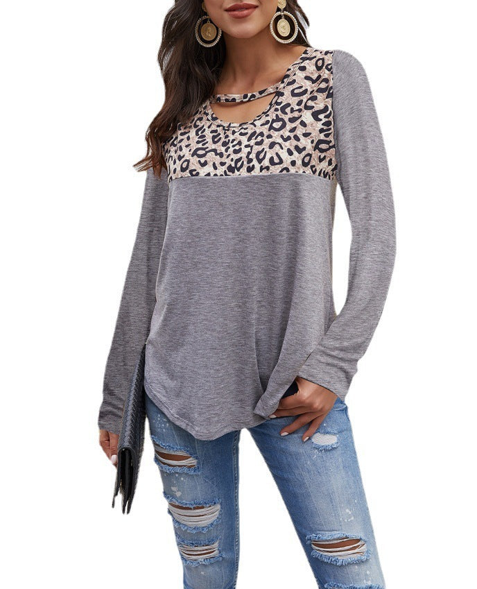 Ladies T-Shirt Crew Neck Leopard Print Panel Long Sleeve Loose Top