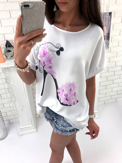 European And American Ladies High Heels Printed Loose Short Sleeve T-shirt