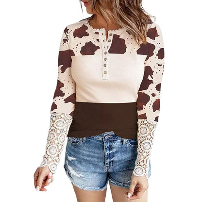 Printed Long-sleeved Top Women's Slim Knit Pullover