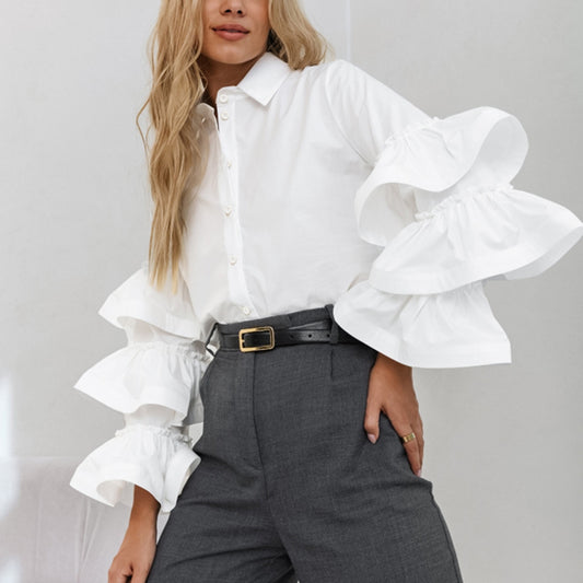 French Style Cotton Lapel Ruffled Shirt