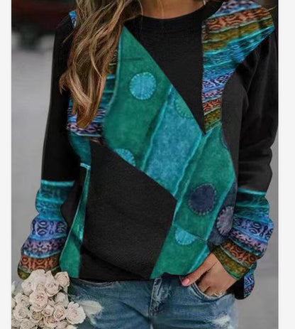 European And American Spring Fashion Casual Positioning Printed Round Neck Long Sleeve