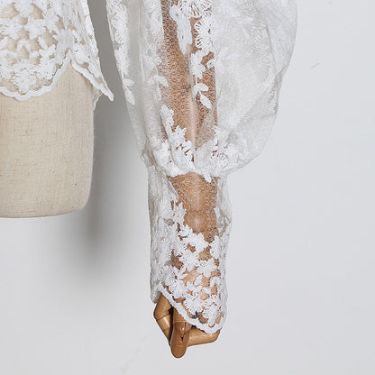 Mesh Hollow Bubble Sleeve Lace Shirt