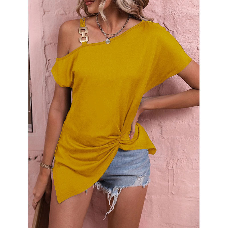 Summer Shoulder Buckle Short Sleeve T-shirt Top