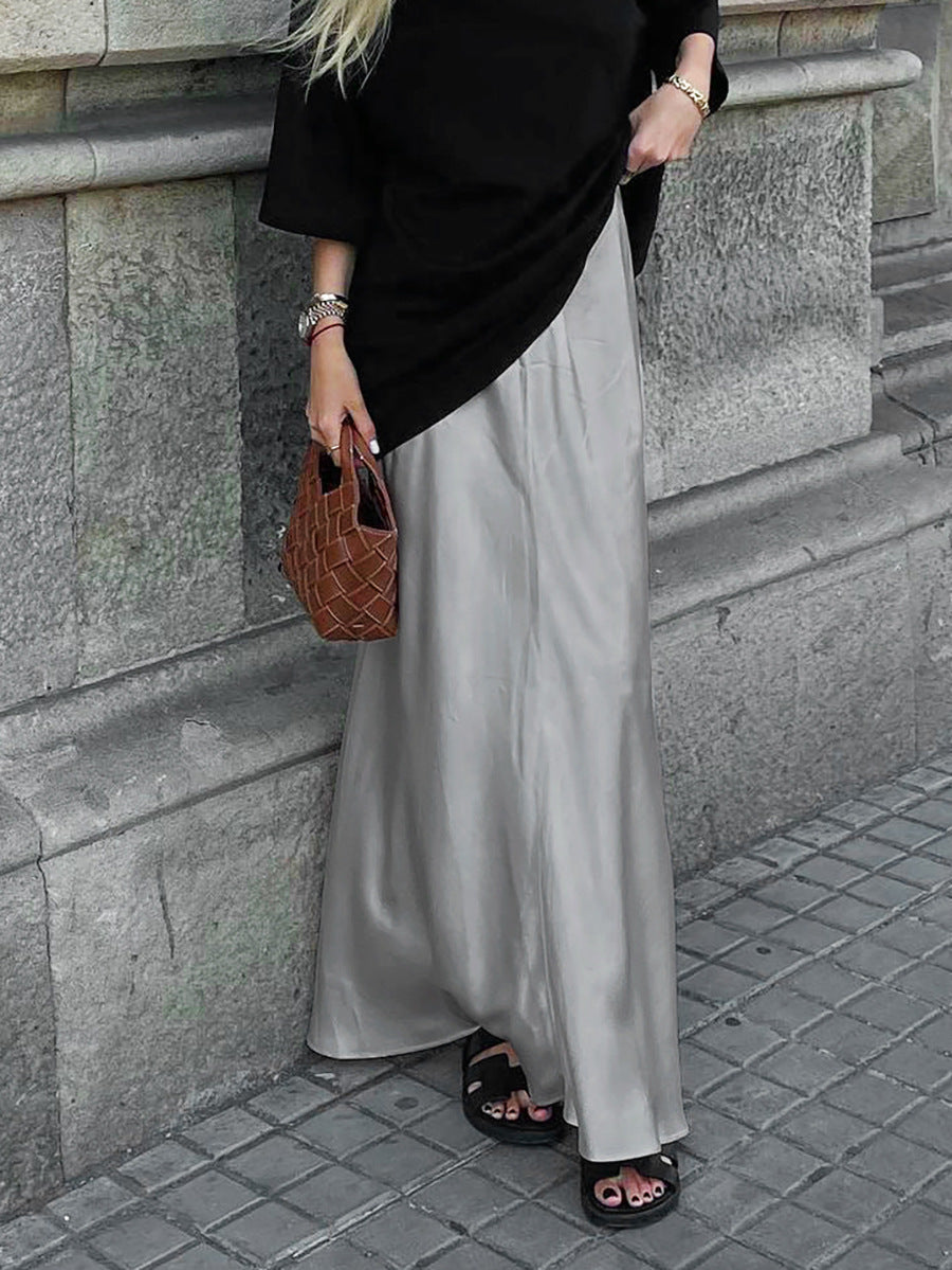 Gray Satin Satin High Waist Fishtail Skirt Long Skir