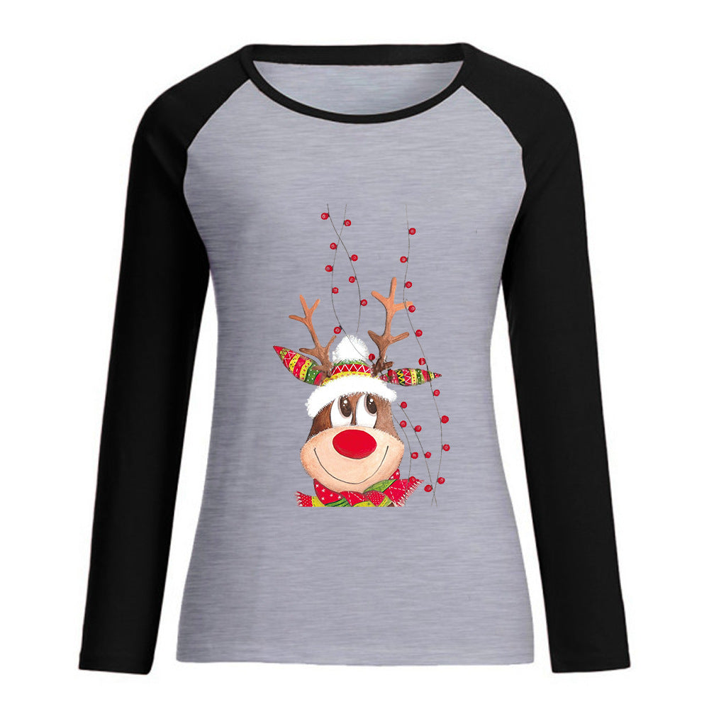 New Women's Loose Round Neck Christmas Deer Printed Raglan Sweet Long Sleeve T-shirt