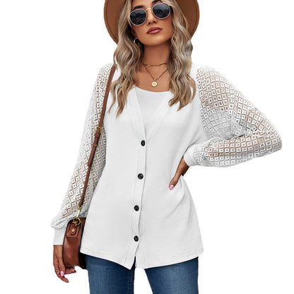 European And American Autumn And Winter Long Sleeve Solid Color Loose Button Lace Stitching Cardigan Top Women