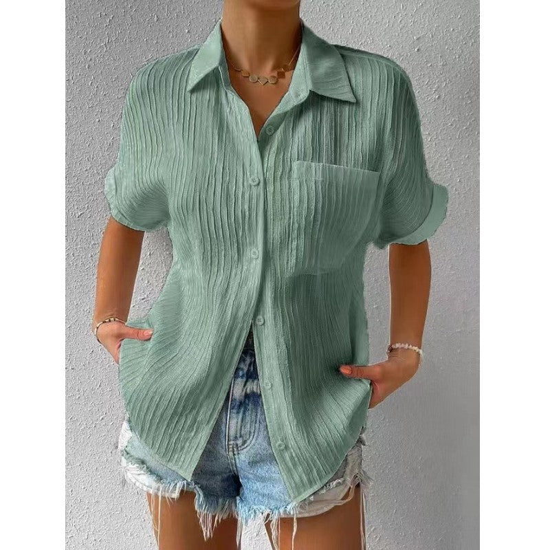 Women's Pure Color Comfort Casual Polo Collar Pocket Short Sleeve Shirt