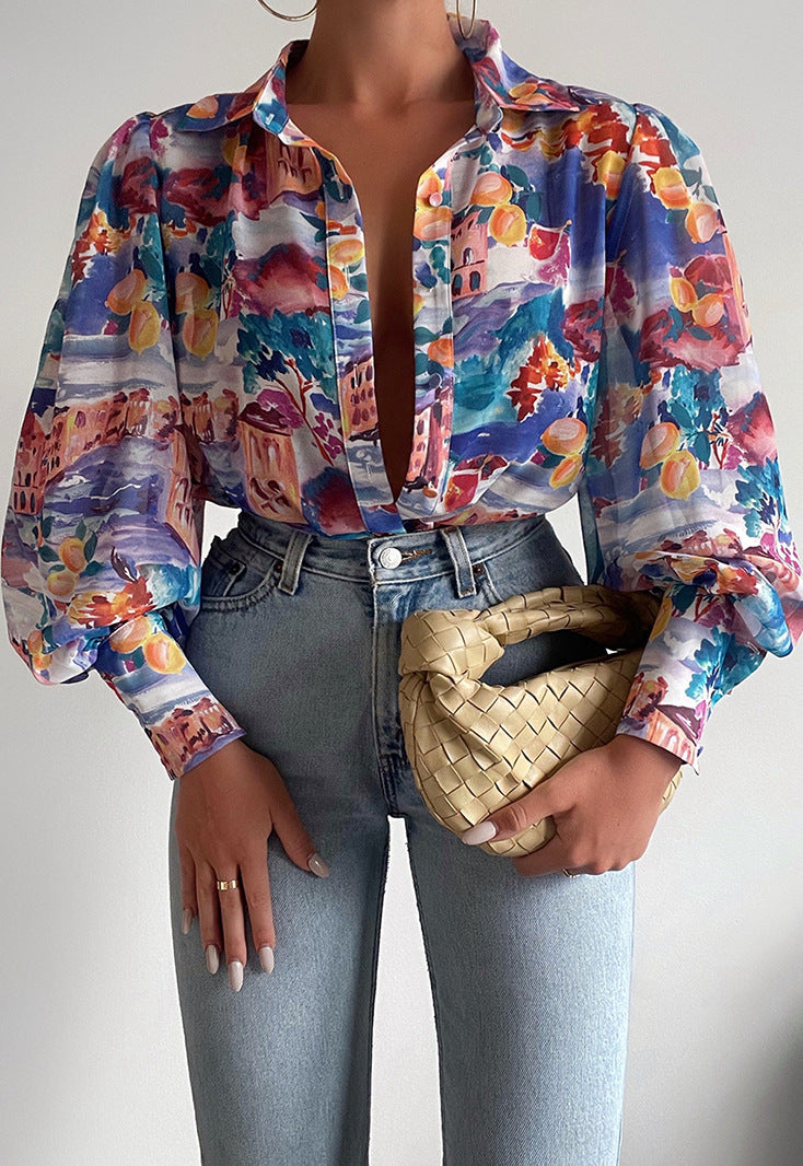 Long Sleeve Printed Shirt Women's Spring Single-breasted Cardigan