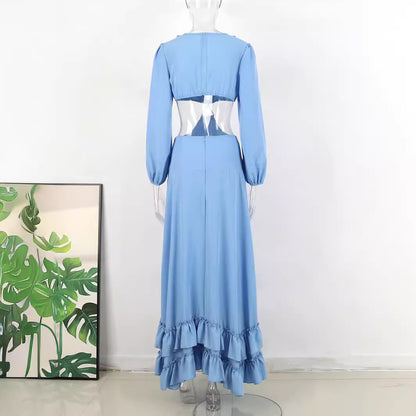 Pure Blue Deep V-neck Midriff Outfit Women's Long Sleeve Long Dress