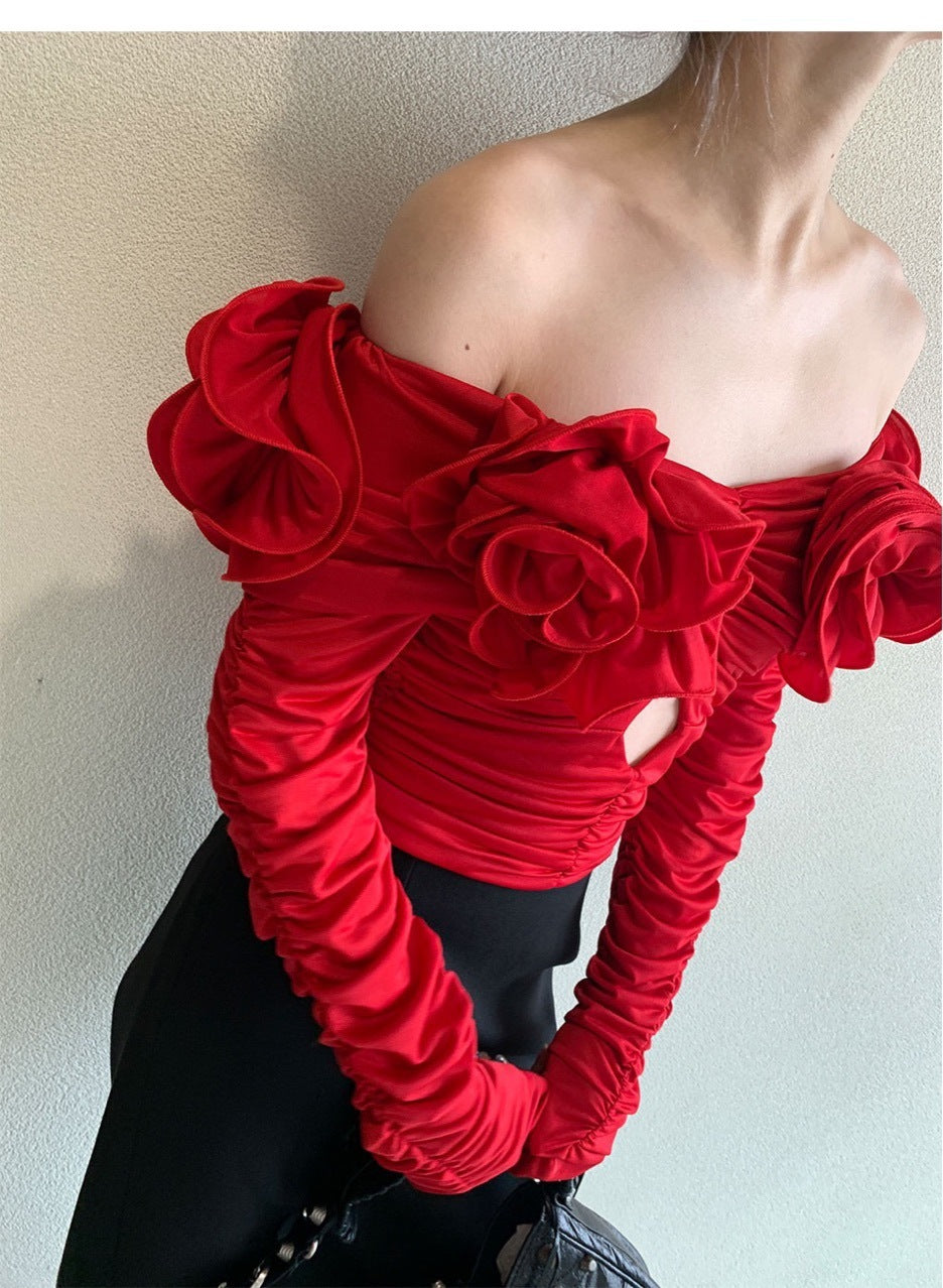 Floral Pleated One-shoulder Slim Top