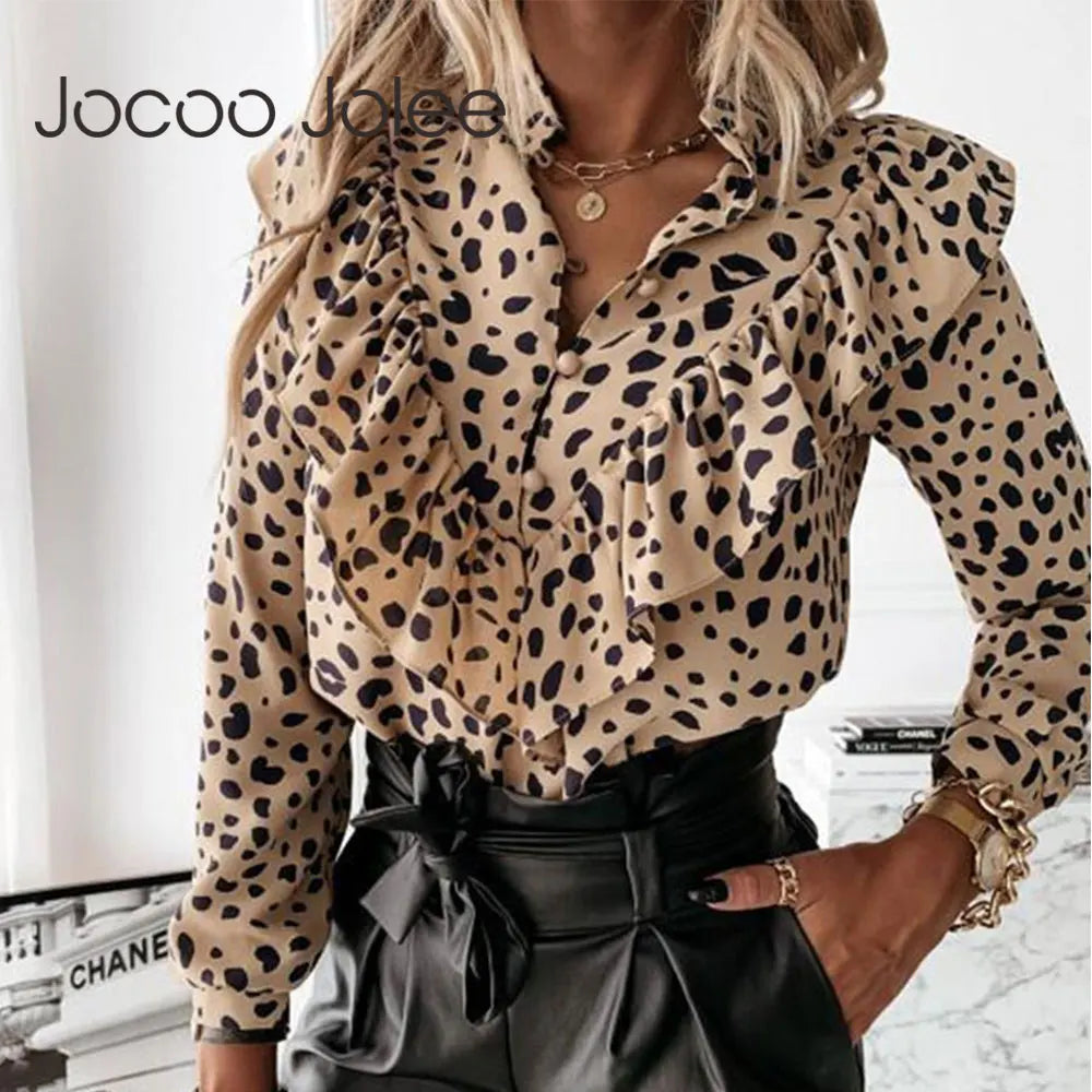 Casual Long Sleeve Leopard Dot Print Ruffles Chiffon Blouse Women Loose Shirt Elegant Office Lady V Neck Tops and Blouses