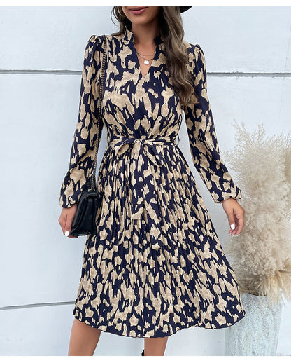 Women's Pleated Print Long Sleeve Dress