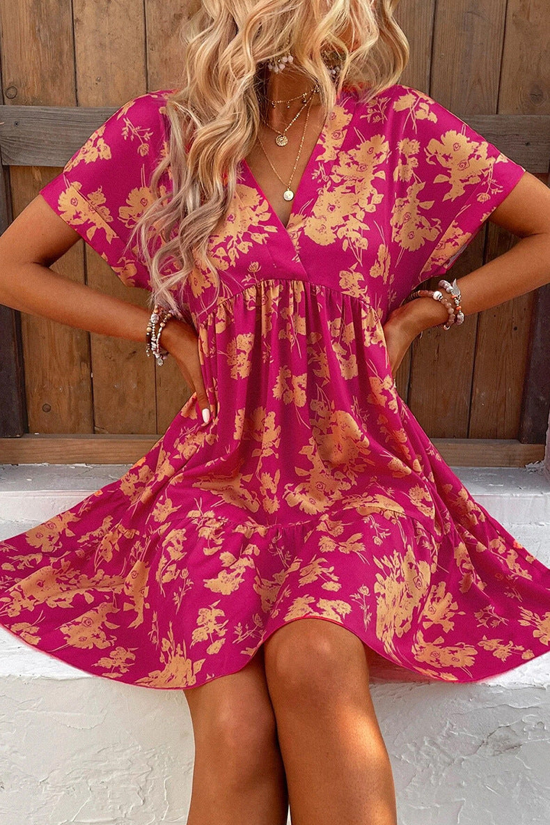 New Floral Print Short Sleeve Dress Women