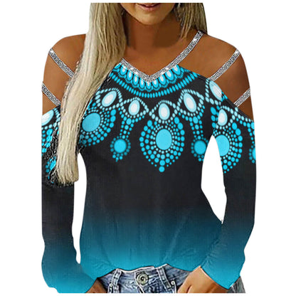 Ladies Casual V-Neck Printed Cutout Off Shoulder Long Sleeve T-Shirt