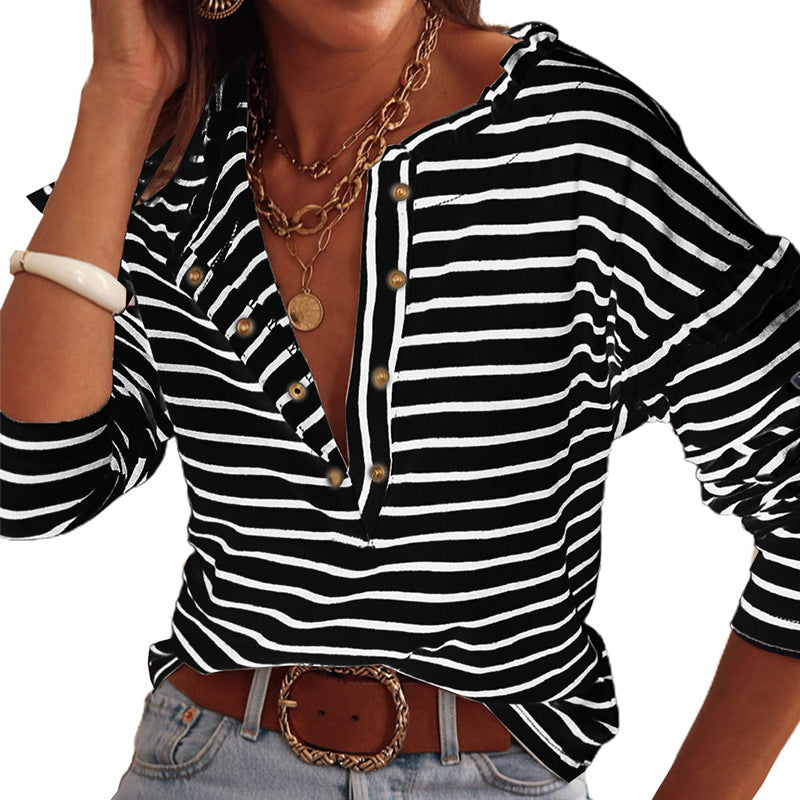 Women's Striped Top Long-sleeve Button