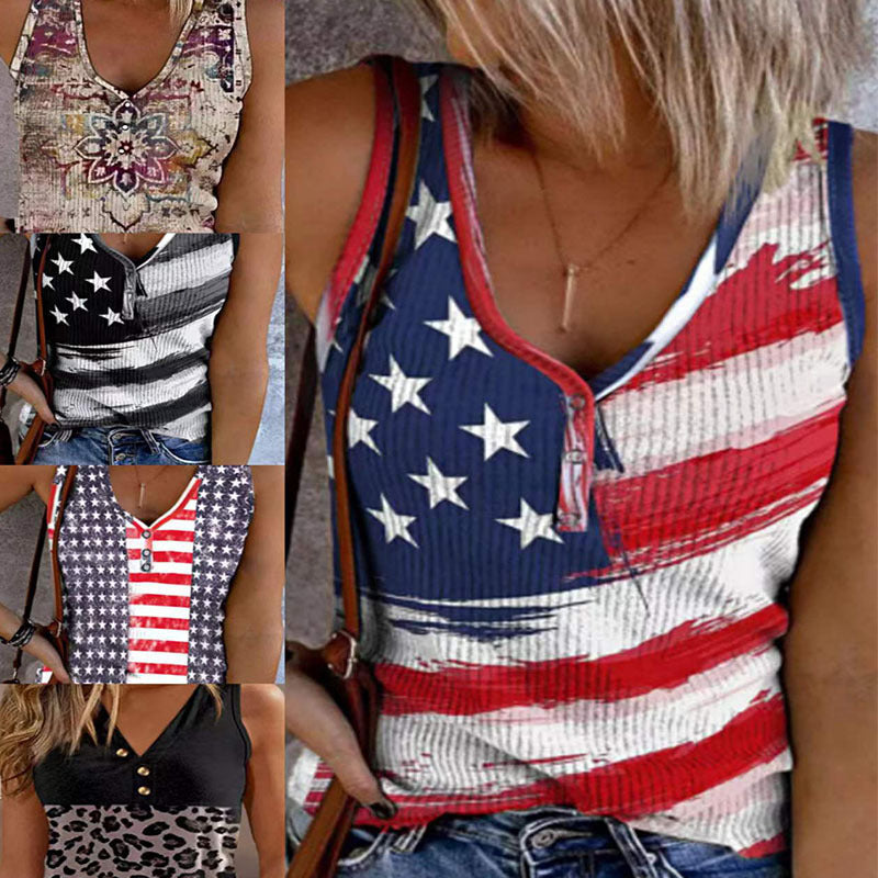 Printed Button V-neck Sleeveless Slim Casual Vest