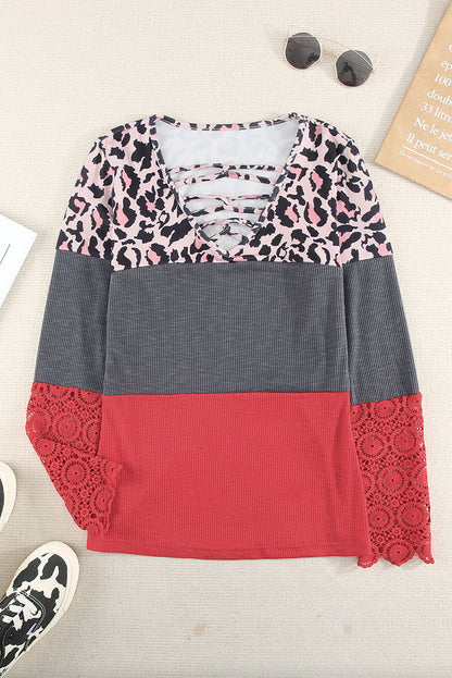 Women's New Leopard Print Long-sleeved T-shirt Lace Stitching Design Top