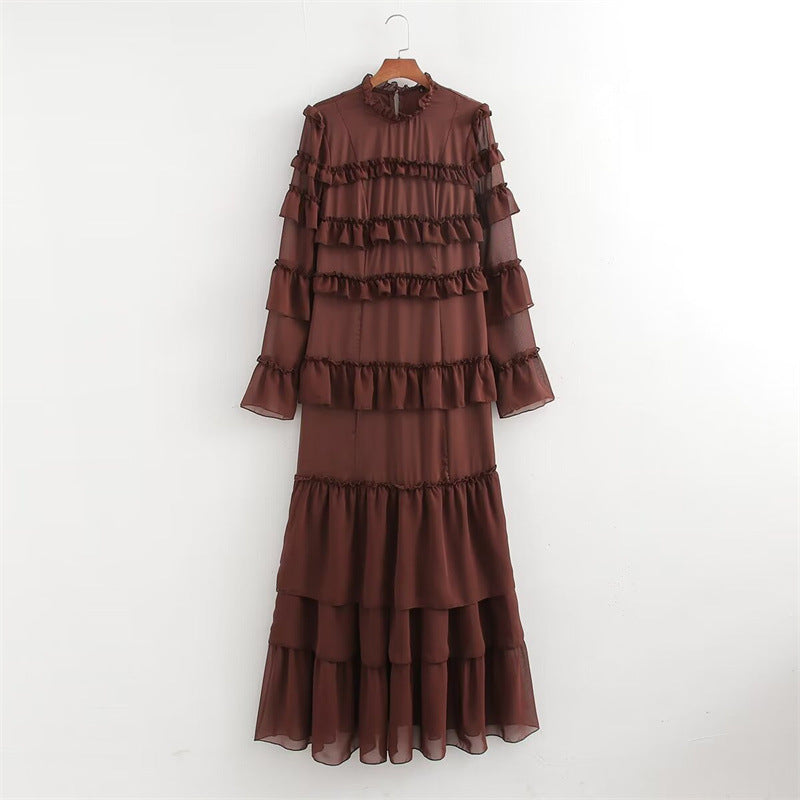 French Style Design Chiffon Multi-layer Ruffled Long Sleeve Dress