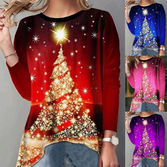 Ladies Christmas Tree Print Crew Neck Long Sleeve T-shirt Top