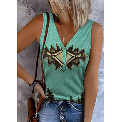 Printed Button V-neck Sleeveless Slim Casual Vest