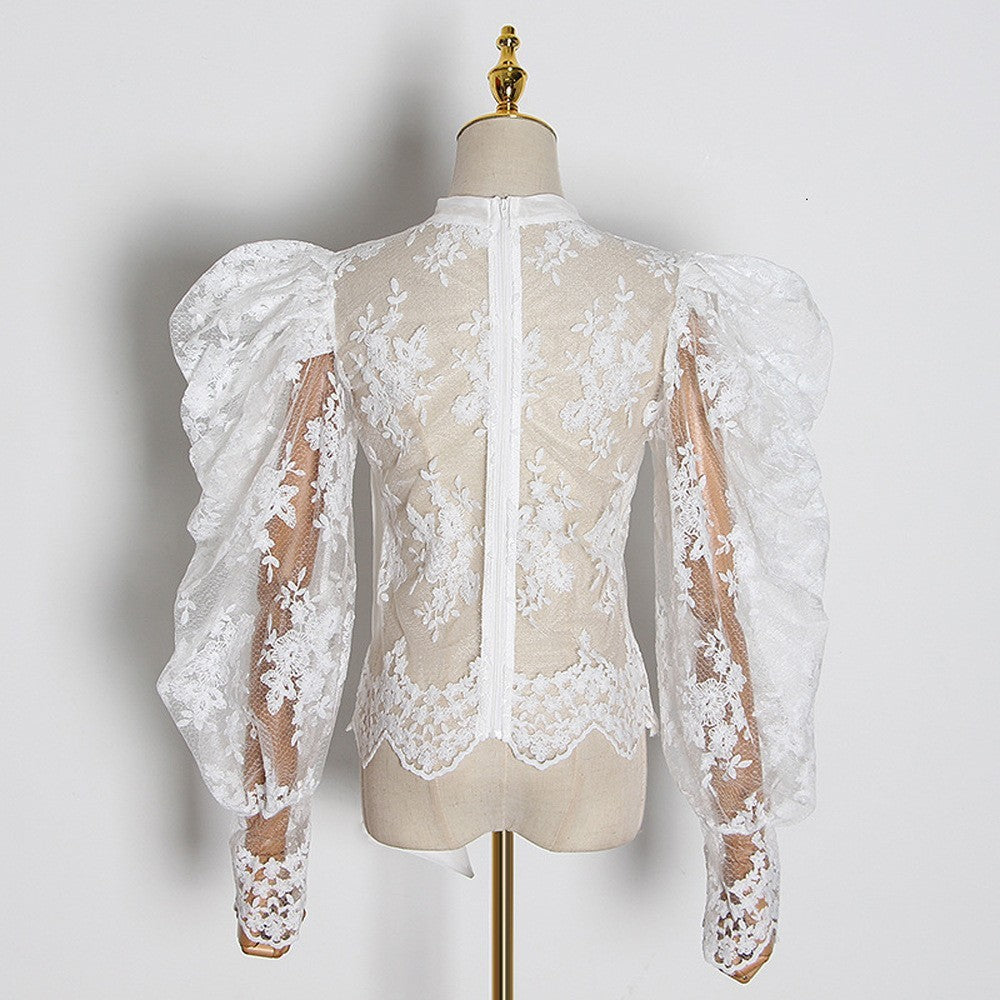 Mesh Hollow Bubble Sleeve Lace Shirt