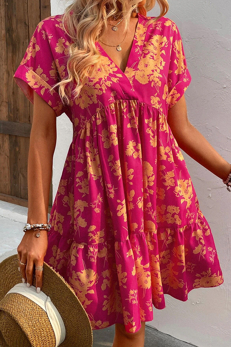 New Floral Print Short Sleeve Dress Women