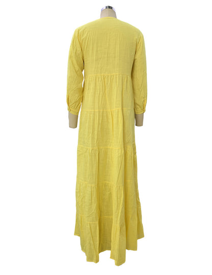 Autumn Bohemian Solid Color And V-neck Loose Long Sleeve Cotton Linen Dress