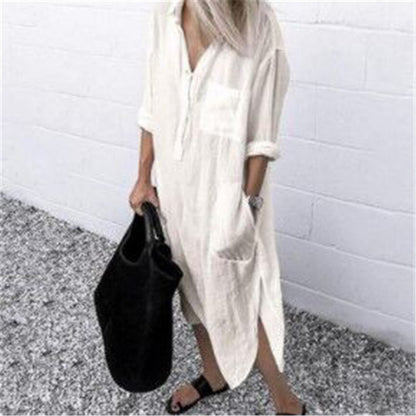 Solid Color Slit Simple Clinch Long Shirt Dress Women