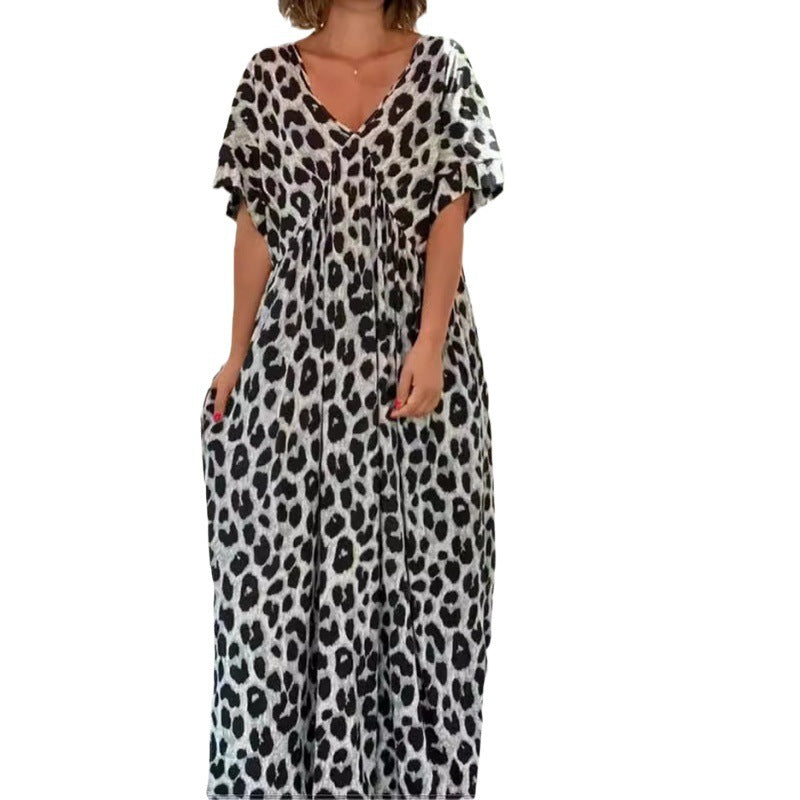 European And American Loose Leopard Print Short Sleeve Length Dress