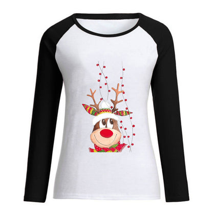 New Women's Loose Round Neck Christmas Deer Printed Raglan Sweet Long Sleeve T-shirt