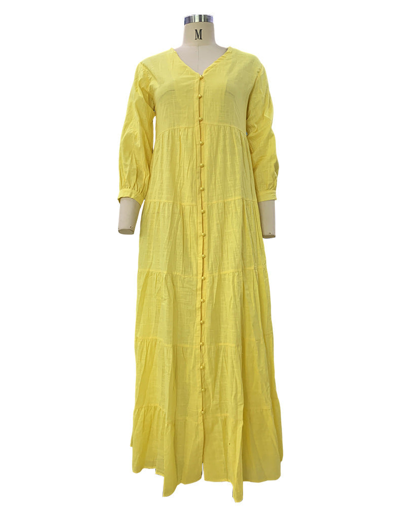 Autumn Bohemian Solid Color And V-neck Loose Long Sleeve Cotton Linen Dress