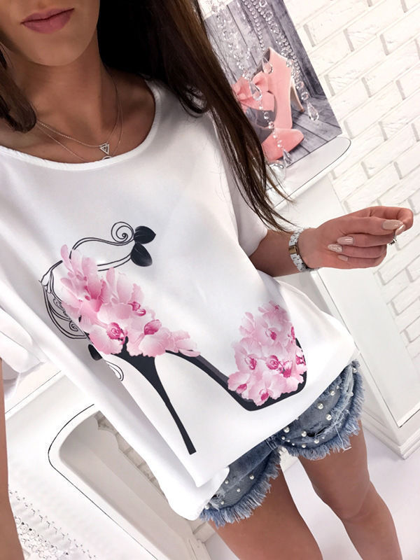 European And American Ladies High Heels Printed Loose Short Sleeve T-shirt