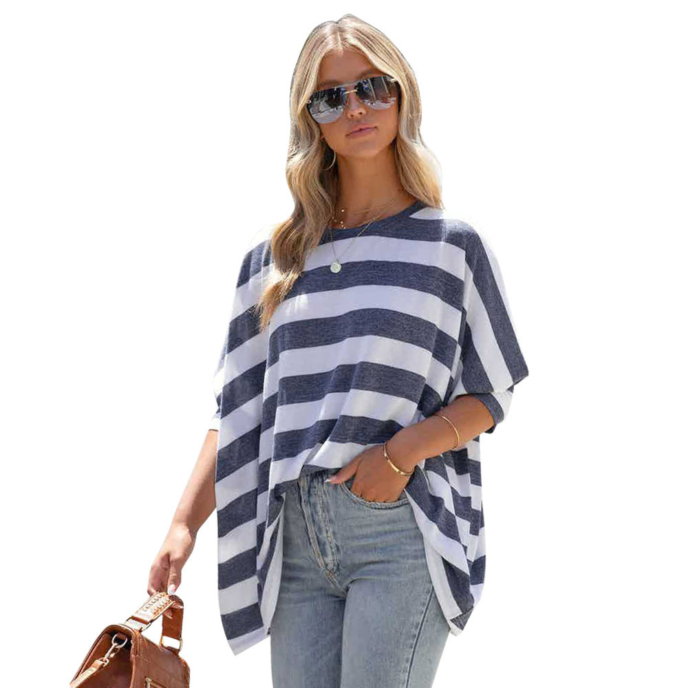 Women's Striped Print Doll Sleeve Loose Casual Top