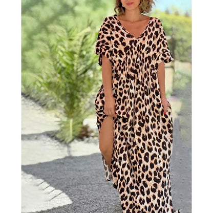 European And American Loose Leopard Print Short Sleeve Length Dress