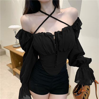 One Line Neck Long Sleeved Ruffled Chiffon Shirt