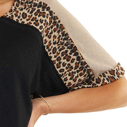 New Leopard Splicing Loose Casual Short Sleeve T-shirt Top Women