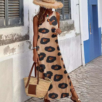 Leopard Print Sleeveless Dress Women'sSplit Backless Loose Vest Dress