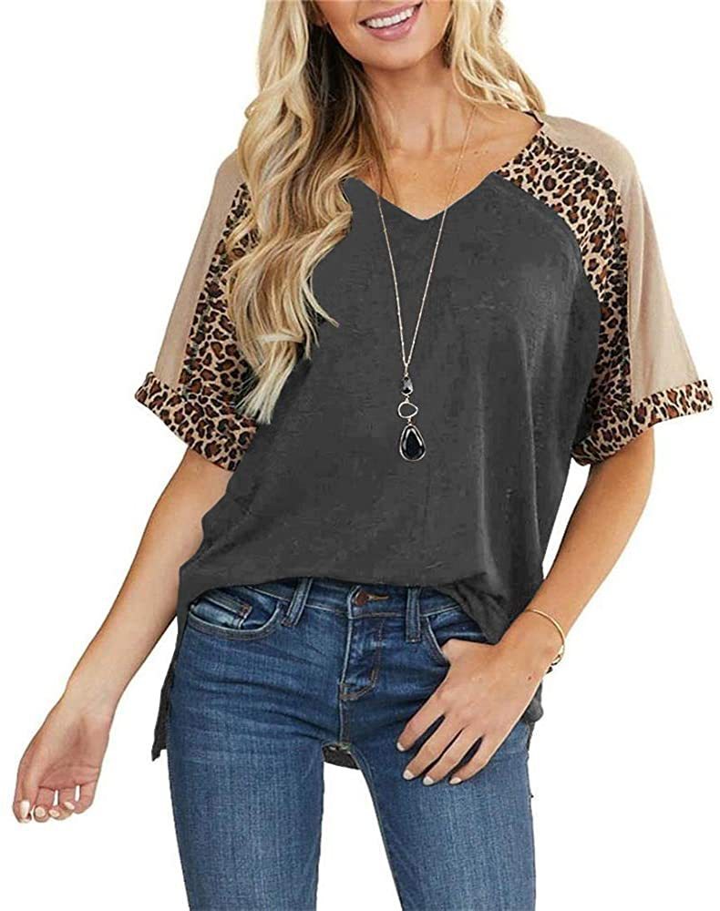 New Leopard Splicing Loose Casual Short Sleeve T-shirt Top Women