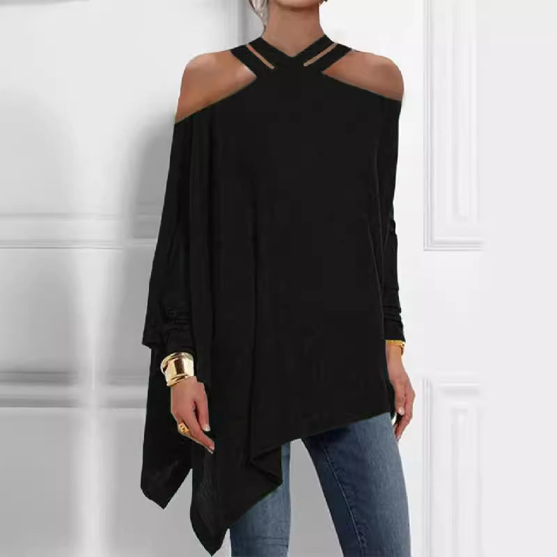 Loose Asymmetry Hollow Solid Color Cold Shoulder Shirt Top