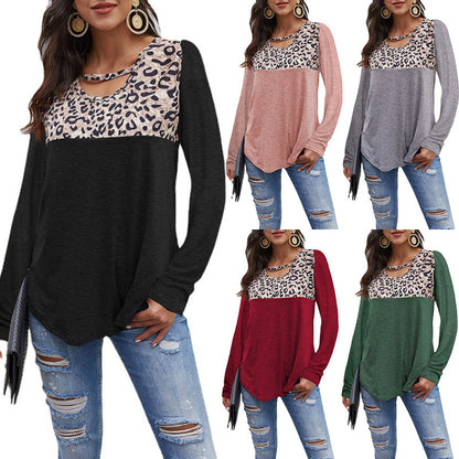 Ladies T-Shirt Crew Neck Leopard Print Panel Long Sleeve Loose Top