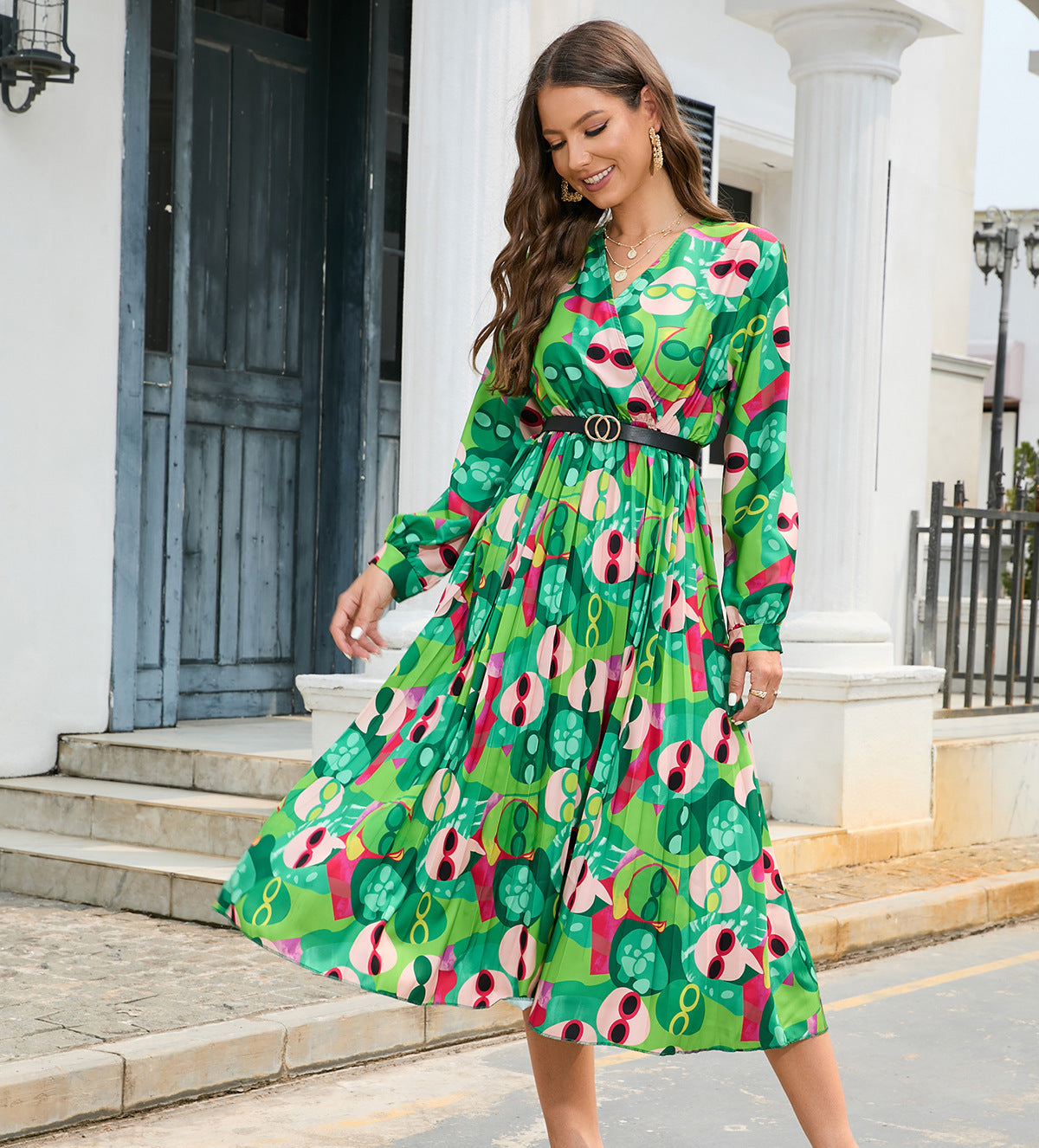 Printed V-neck Pleated Long Sleeve Dress Women