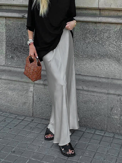 Gray Satin Satin High Waist Fishtail Skirt Long Skir