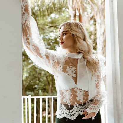 Mesh Hollow Bubble Sleeve Lace Shirt