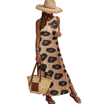 Leopard Print Sleeveless Dress Women'sSplit Backless Loose Vest Dress