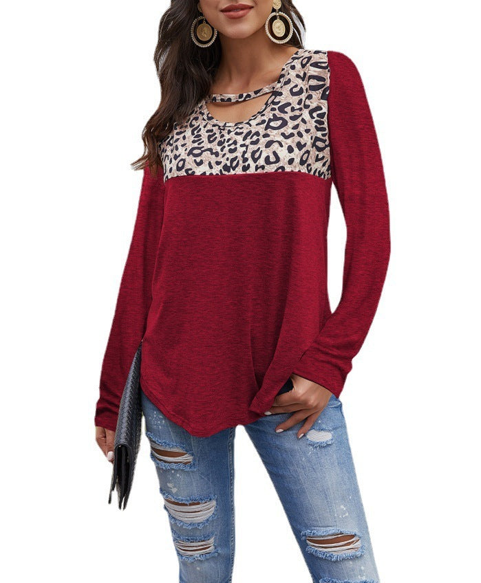 Ladies T-Shirt Crew Neck Leopard Print Panel Long Sleeve Loose Top