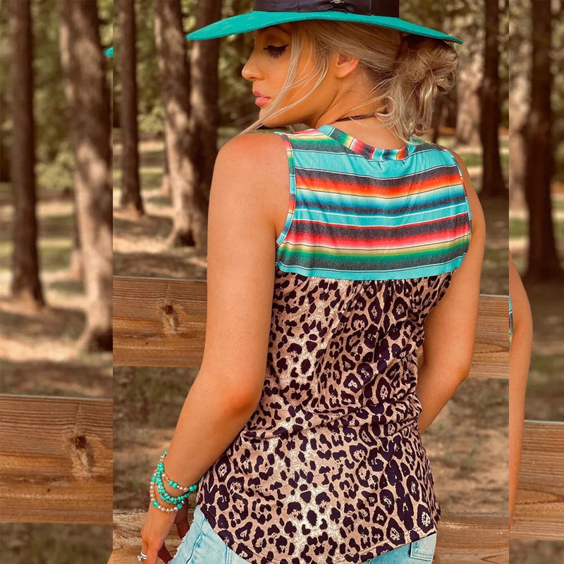 Summer New Leopard Print Color Stripes Top Ladies Loose Splicing Pullover Bottoming Vest