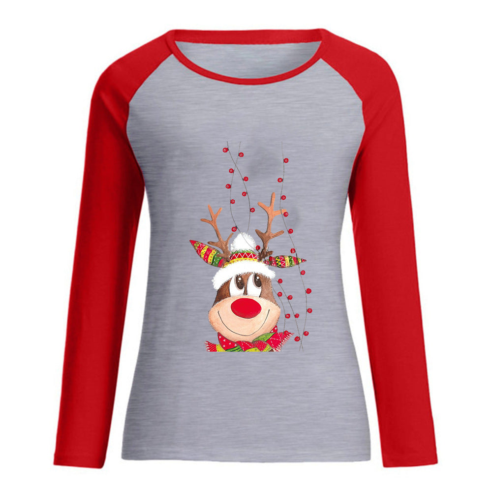 New Women's Loose Round Neck Christmas Deer Printed Raglan Sweet Long Sleeve T-shirt