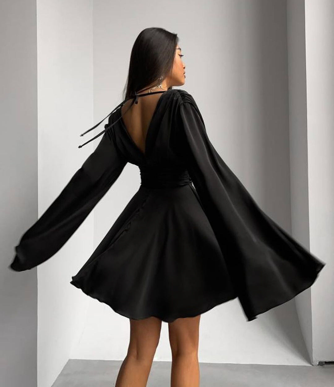 Satin Black V-neck Bell Sleeve Slim Fit Dress