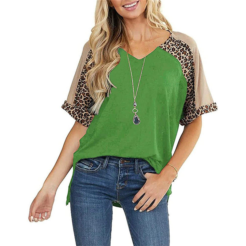 New Leopard Splicing Loose Casual Short Sleeve T-shirt Top Women